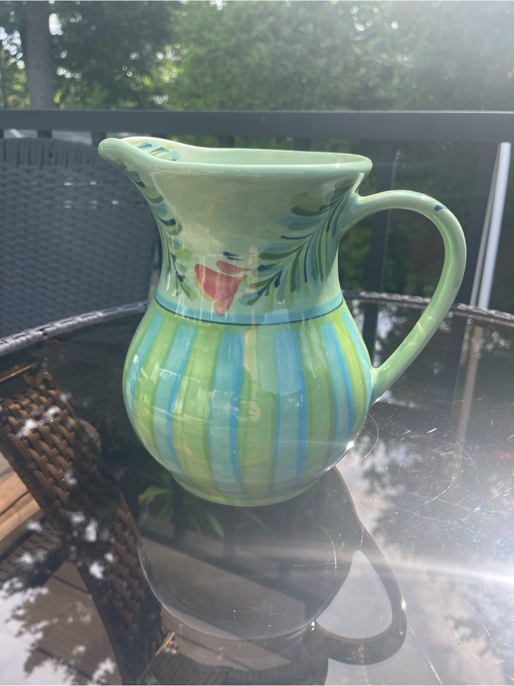 Gail Pittman Hand-Painted Green Striped Ceramic Pitcher